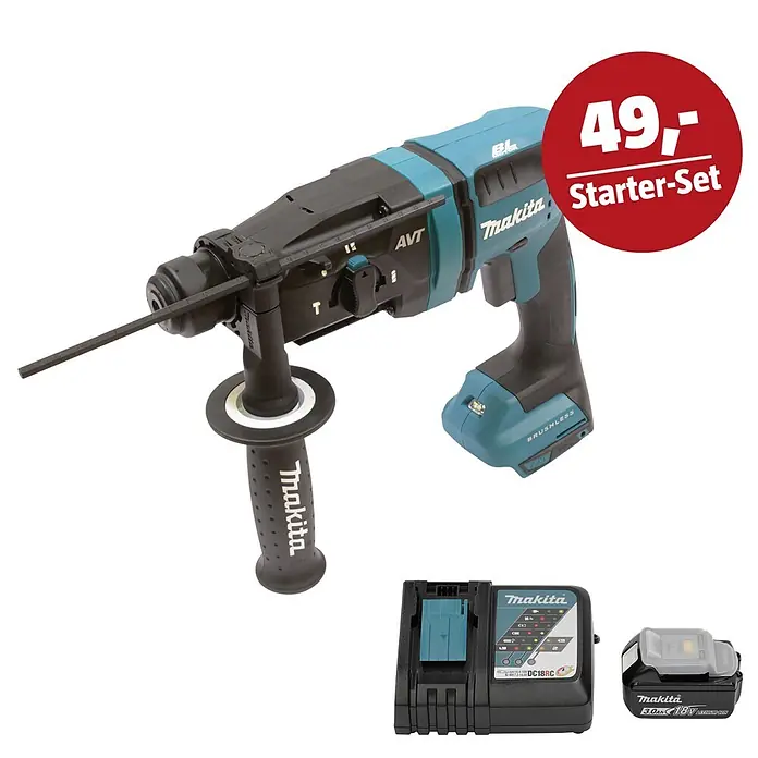 Makita LXT 18V Maschinen-Set - Akku-Kombihammer DHR182Z, Ladegerät & 3 Ah Akku - Ein türkis-schwarzer Makita Bohrhammer mit Akku und Ladegerät, als Starter-Set angeboten.