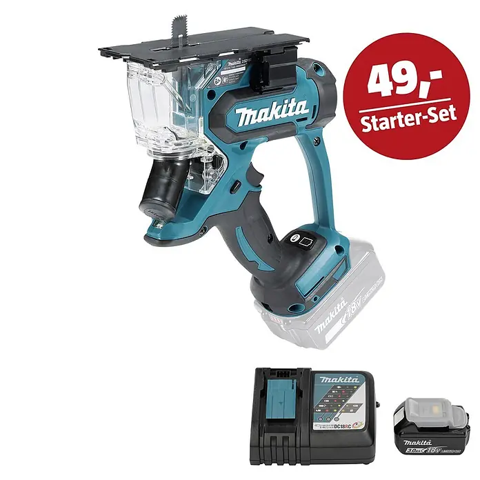 Makita LXT 18V Maschinen-Set - Akku-Säge DSD180Z, Ladegerät & 3 Ah Akku - Makita Trockenbauschneider Starter-Set in Türkis und Schwarz, inkl. Werkzeug, 18V Akku und Ladegerät. Preis: 49,- Starter-Set.
