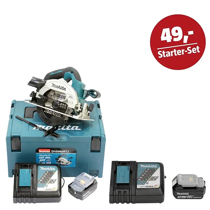 Makita LXT 18V Maschinen-Set - Akku-Handkreissäge DHS660RTJ, Ladegerät & 3 Ah Akku - Makita Kreissägen-Set mit türkiser Säge, Koffer, zwei Ladegeräten und zwei 18V Akkus.