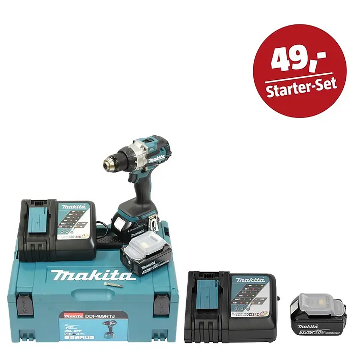 Makita LXT 18V Maschinen-Set - Akku-Bohrschrauber DDF489RTJ, Ladegerät & 3 Ah Akku - Makita DDF489RTJ Akku-Bohrschrauber-Set mit zwei Akkus, zwei Ladegeräten und Systemkoffer, als Starter-Set für 49,-.