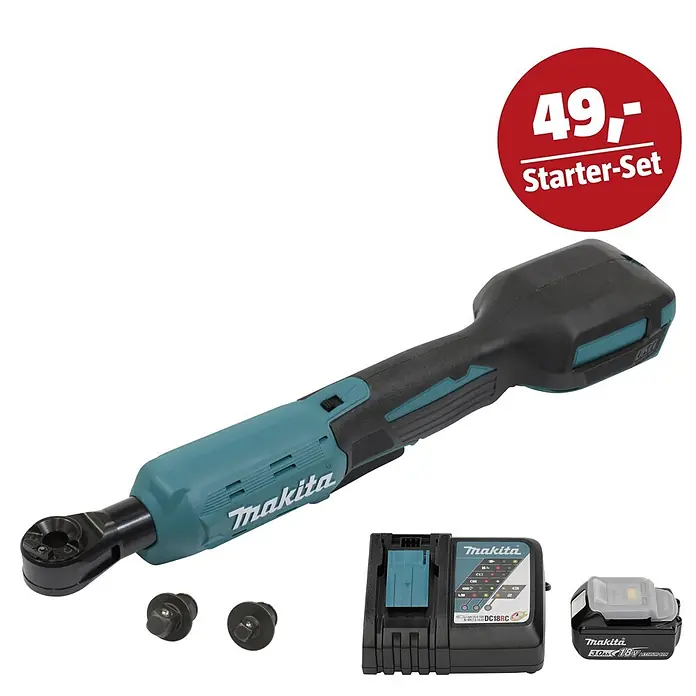 Makita LXT 18V Maschinen-Set - Akku-Ratschenschrauber DWR180Z, Ladegerät & 3 Ah Akku - Makita Akku-Ratsche (schwarz/türkis), 18V Akku, Ladegerät und zwei Adapterköpfe, als Elektrowerkzeug-Starterset.