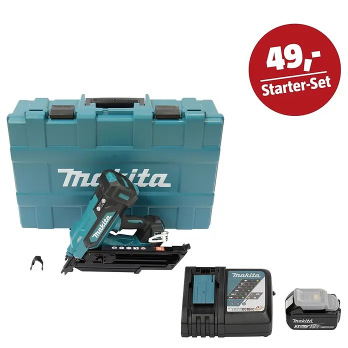 Makita LXT 18V Maschinen-Set - Akku-Nagler DBN900ZK, Ladegerät & 3 Ah Akku - Ein blaugrünes und schwarzes Makita Akku-Nagelgerät, Koffer, Ladegerät und Akku werden als Starter-Set mit einem 49,- Preisschild gezeigt.