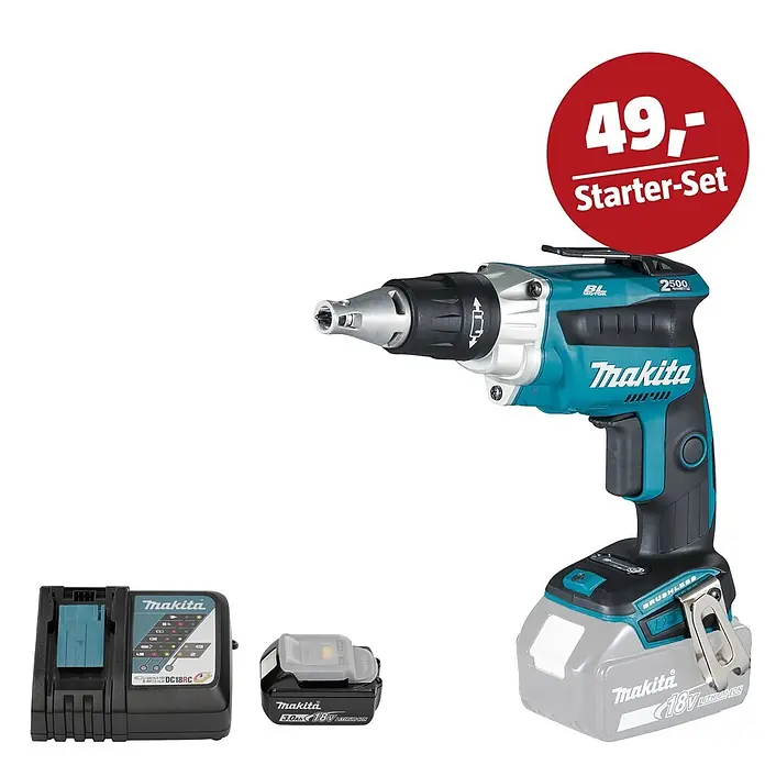 Makita LXT 18V Maschinen-Set - Akku-Trockenbauschrauber DFS250Z, Ladegerät & 3 Ah Akku - Makita 18V Akkuschrauber Starter-Set mit Ladegerät und Akku in Türkis, Schwarz und Silber.