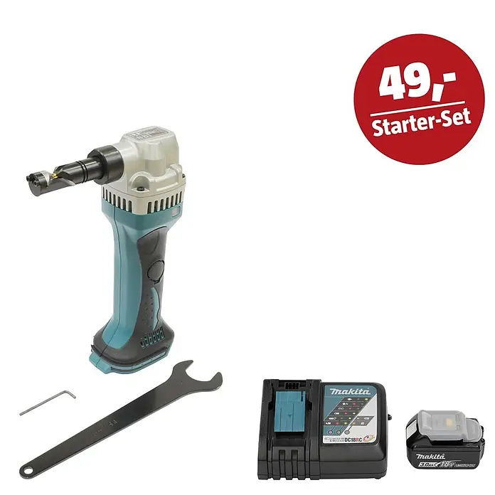 Makita LXT 18V Maschinen-Set - Blechknabber DJN161Z, Ladegerät & 3 Ah Akku - Makita Akku-Knabber-Set mit blaugrünem Werkzeug, Ladegerät, 18V Akku, Schraubenschlüssel und Inbusschlüssel, plus "49,- Starter-Set" Preisschild.