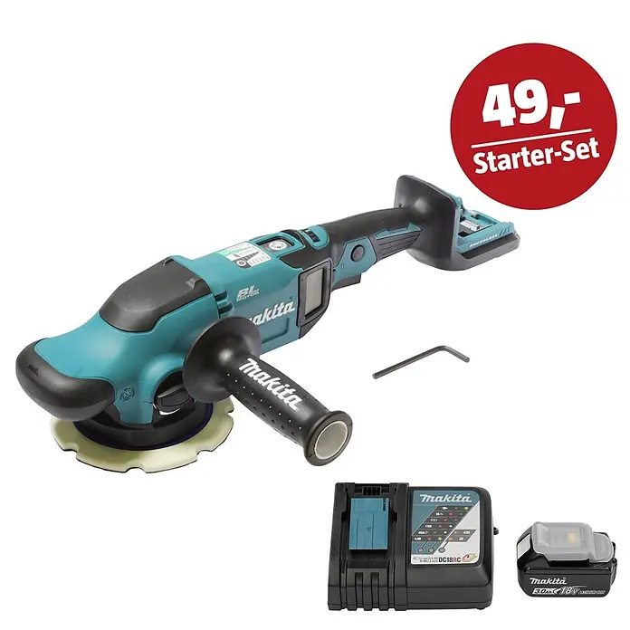 Makita LXT 18V Maschinen-Set - Akku-Exzenterpolierer DPO600Z, Ladegerät & 3 Ah Akku - Makita Akku-Polierer Starter-Set in Türkis-Schwarz, inklusive Akku, Ladegerät, Griff und Inbusschlüssel. Preisschild: 49,-.