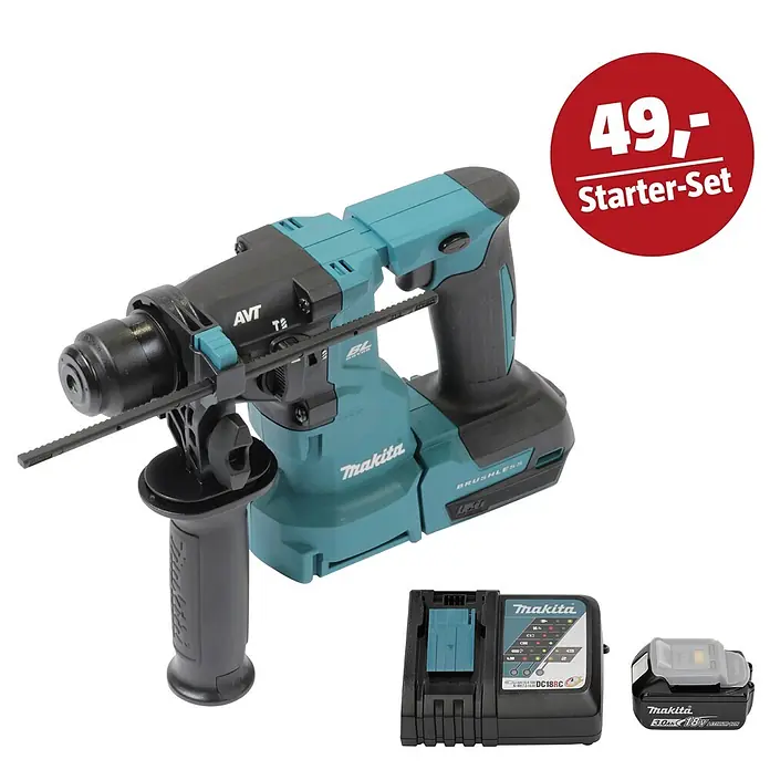 Makita LXT 18V Maschinen-Set - Akku-Bohrhammer DHR183Z, Ladegerät & 3 Ah Akku - Makita Akku-Bohrhammer in Türkis-Schwarz mit Ladegerät und Akku als Starter-Set.