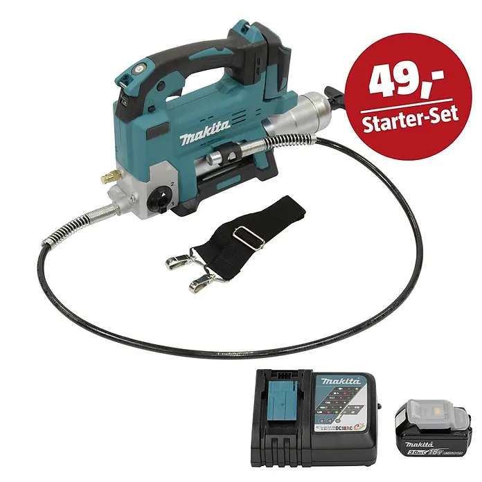 Makita LXT 18V Maschinen-Set - Akku-Fettpresse DGP180Z, Ladegerät & 3 Ah Akku - Makita Starter-Set mit türkiser Akku-Fettpresse, Akku, Ladegerät, Schlauch und Gurt.