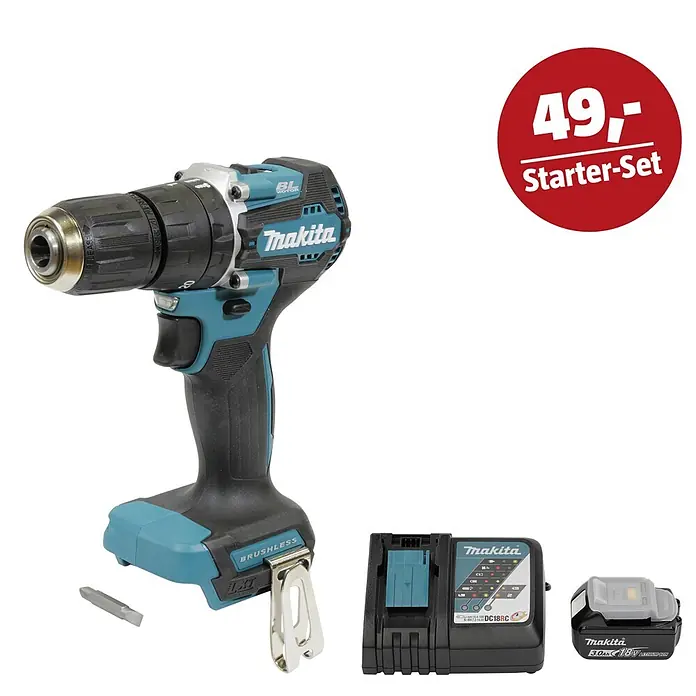 Makita LXT 18V Maschinen-Set - Akku-Schlagbohrschrauber DHP487Z, Ladegerät & 3 Ah Akku - Makita blauer und schwarzer 18V bürstenloser Akku-Bohrschrauber Starter-Set mit Akku, Ladegerät und Bit.