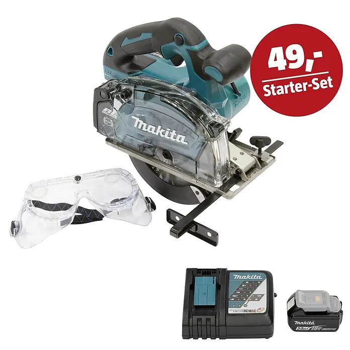 Makita LXT 18V Maschinen-Set - Akku-Handkreissäge Metall DCS553Z, Ladegerät & 3 Ah Akku - Makita Akku-Kreissägen-Starter-Set mit Säge, Schutzbrille, Ladegerät und 18V Akku für 49,-.