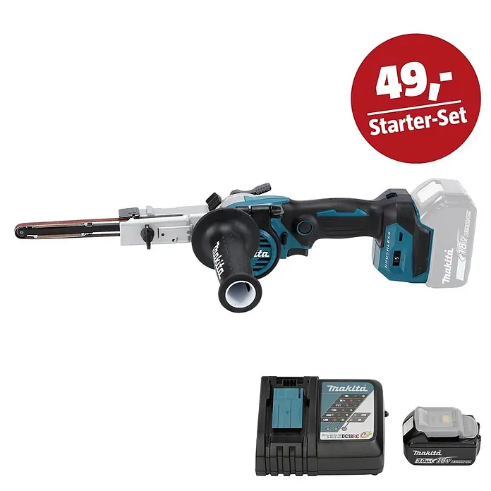 Makita LXT 18V Maschinen-Set - Akku-Bandfeile DBS180Z, Ladegerät & 3 Ah Akku - Makita Akku-Bandschleifer in Türkis und Schwarz, mit 18V Akku und Ladegerät, für Schleifarbeiten.