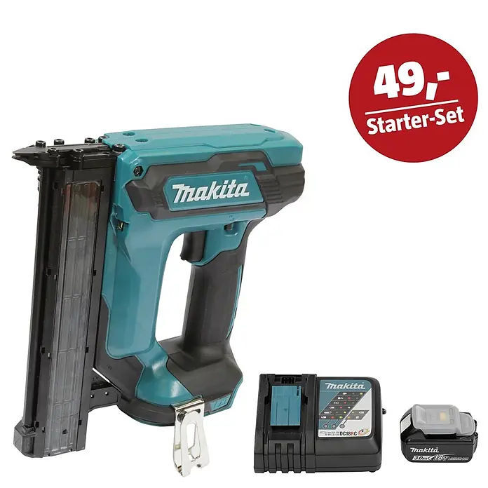 Makita LXT 18V Maschinen-Set - Akku-Nagler DFN350Z, Ladegerät & 3 Ah Akku - Makita Nagler Starter-Set: Türkiser Nagler, Ladegerät und Akku, angeboten als Starter-Set für 49,-.