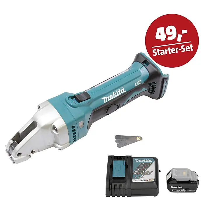 Makita LXT 18V Maschinen-Set - Akku-Blechschere DJS161Z, Ladegerät & 3 Ah Akku - Makita Akku-Blechschere in Türkis und Silber mit 18V Akku, Ladegerät und Tiefenlehre als Starter-Set.