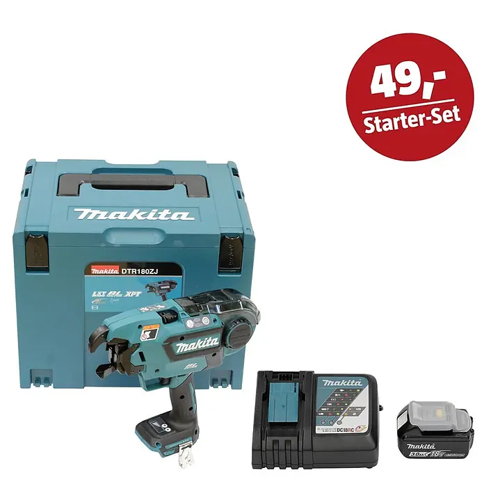 Makita LXT 18V Maschinen-Set - Akku-Bewehrungsverbinder DTR180ZJ, Ladegerät & 3 Ah Akku - Makita DTR180ZJ Bewehrungsbindezange-Set in Türkis, mit Systemkoffer, Ladegerät und 18V 3.0Ah Akku.