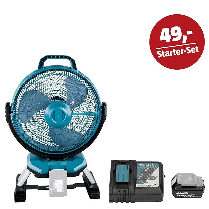 Makita LXT 18V Maschinen-Set - Akku-Ventilator DCF301Z, Ladegerät & 3 Ah Akku - Türkisfarbener Makita Ventilator mit Akku, Ladegerät und einem weiteren Akku als Starter-Set.