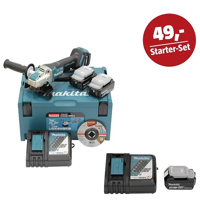 Makita LXT 18V Maschinen-Set - Akku-Winkelschleifer DGA519RTJ, Ladegerät & 3 Ah Akku - Makita Winkelschleifer Starter-Set mit blau-schwarzem Schleifer, zwei Akkus, zwei Ladegeräten, Schleifscheibe und blauem Werkzeugkoffer.
