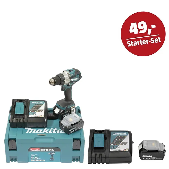 Makita LXT 18V Maschinen-Set - Akku-Schlagbohrschrauber DHP489RTJ, Ladegerät & 3 Ah Akku - Makita DHP489RTJ Akku-Bohrschrauber Starter-Set mit Bohrer, Ladegerät, Akkus und Koffer, angeboten als "Starter-Set" für 49,-.