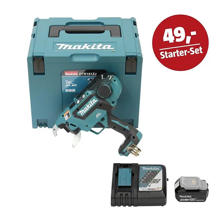 Makita LXT 18V Maschinen-Set - Akku-Bewehrungsverbinder DTR181ZJ, Ladegerät & 3 Ah Akku - Makita Bewehrungsbindezange (DTR181ZJ) Set mit türkiser Box, Akku, Ladegerät und '49,- Starter-Set' Angebot.