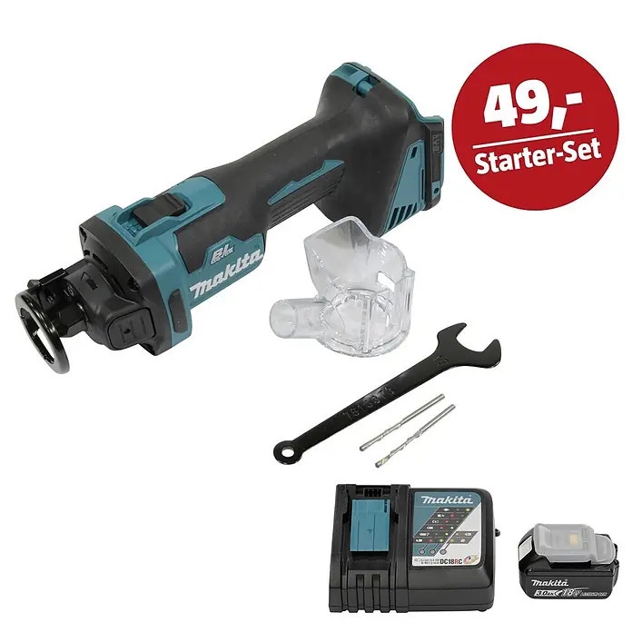 Makita LXT 18V Maschinen-Set - Akku-Rotationswerkzeug DCO181Z, Ladegerät & 3 Ah Akku - Makita Akku-Rotationswerkzeug-Set in Türkis/Schwarz mit Akku, Ladegerät, Schraubenschlüssel und Bohrzubehör.