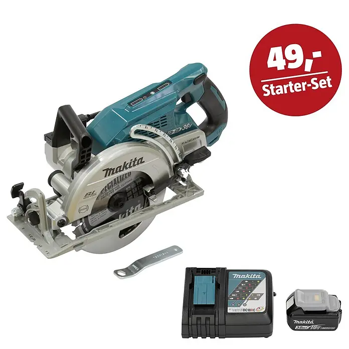 Makita LXT 18V Maschinen-Set - Akku-Handkreissäge DRS780Z, Ladegerät & 3 Ah Akku - Makita 36V Akku-Kreissägen-Starterset mit Akku, Ladegerät und Schraubenschlüssel.