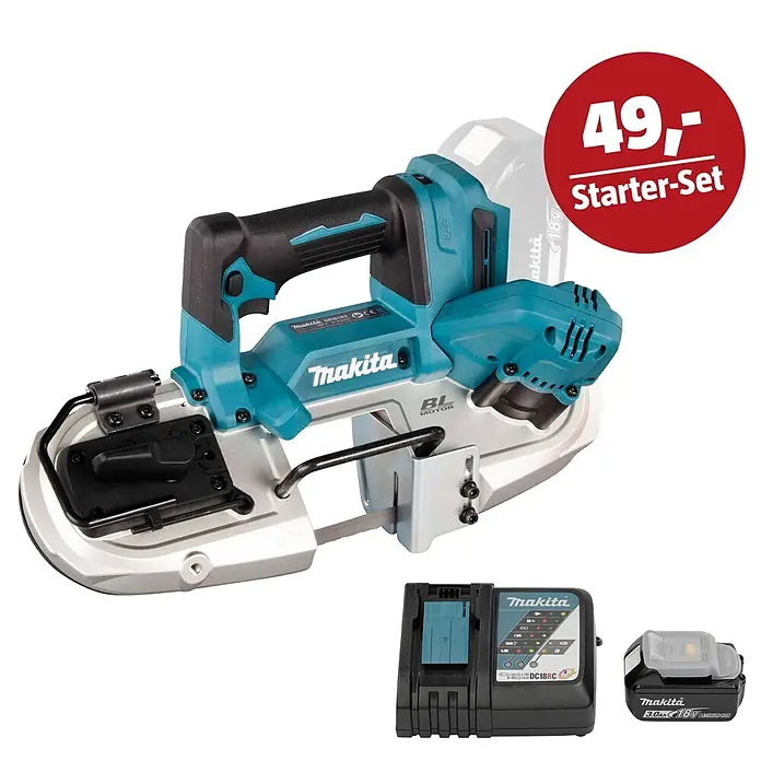 Makita LXT 18V Maschinen-Set - Akku-Bandsäge DPB183Z, Ladegerät & 3 Ah Akku - Kabellose Makita Bandsäge in Türkis, Schwarz und Silber, mit Akku und Ladegerät als Starter-Set.
