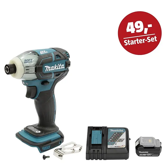 Makita LXT 18V Maschinen-Set - Akku-Impulsschrauber DTS141Z, Ladegerät & 3 Ah Akku - Makita Starter-Set mit türkis-schwarzem Schlagschrauber, Ladegerät, Akku, Gürtelclip und Schraube.