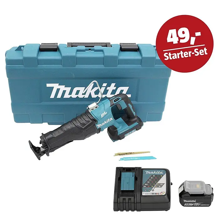 Makita LXT 18V Maschinen-Set - Akku-Säbelsäge DJR360ZK, Ladegerät & 3 Ah Akku - Makita Akku-Säbelsäge in Türkis und Schwarz mit Ladegerät, Akku, Sägeblättern und Koffer. Als 'Starter-Set' beworben.