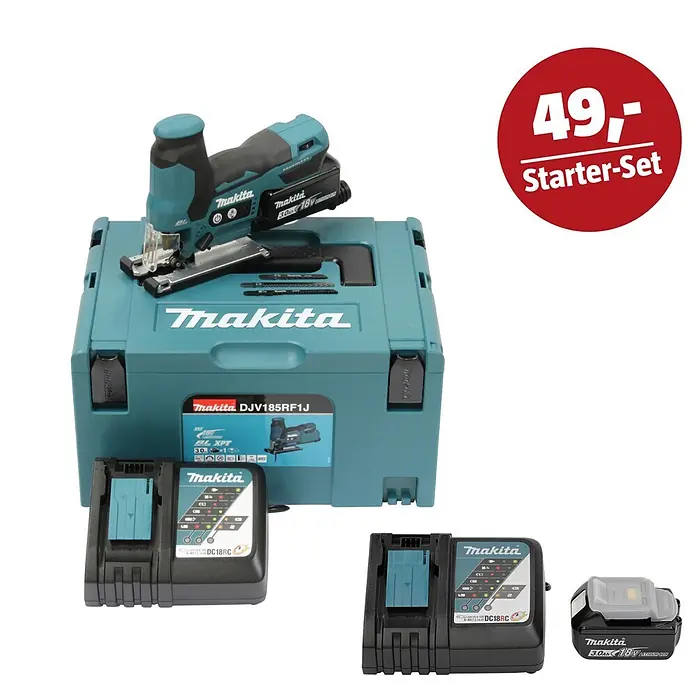 Makita LXT 18V Maschinen-Set - Akku-Pendelhubstichsäge DJV185RF1J, Ladegerät & 3 Ah Akku - Makita Stichsäge, Ladegerät und Akku in Türkis und Schwarz, im tealfarbenen Koffer als Starter-Set.