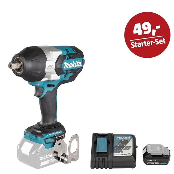 Makita LXT 18V Maschinen-Set - Akku-Schlagschrauber DTW1004Z, Ladegerät & 3 Ah Akku - Teal und schwarzer Makita Akku-Schlagschrauber mit Akku, Ladegerät und einem roten "49,- Starter-Set" Etikett.