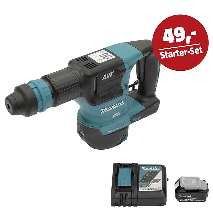 Makita LXT 18V Maschinen-Set - Akku-Meißelhammer DHK180Z, Ladegerät & 3 Ah Akku - Makita Akku-Bohrhammer, Akku und Ladegerät in Schwarz und Türkis, mit rotem Kreisetikett "49,- Starter-Set".