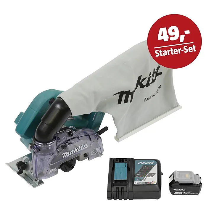 Makita LXT 18V Maschinen-Set - Akku-Diamantschneider DCC500Z, Ladegerät & 3 Ah Akku - Makita Kreissäge (grün/schwarz) mit Staubbeutel, Akku und Ladegerät. Ein rotes „Starter-Set“-Etikett ist sichtbar.