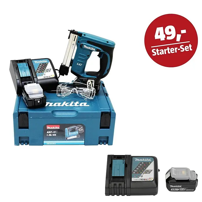 Makita LXT 18V Maschinen-Set - Akku-Tacker DST221RTJ, Ladegerät & 3 Ah Akku - Makita Akku-Nagler/Tacker Starter-Set in Türkis/Schwarz mit Ladegerät, Akku, Schutzbrille und Koffer.
