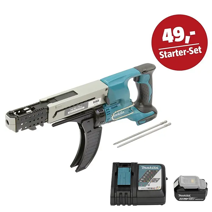 Makita LXT 18V Maschinen-Set - Akku-Trockenbauschrauber DFR750Z, Ladegerät & 3 Ah Akku - Makita Magazinschrauber in Türkis-Grau mit 18V Akku, Ladegerät, zwei Schrauberbits und '49,- Starter-Set' Aufschrift.