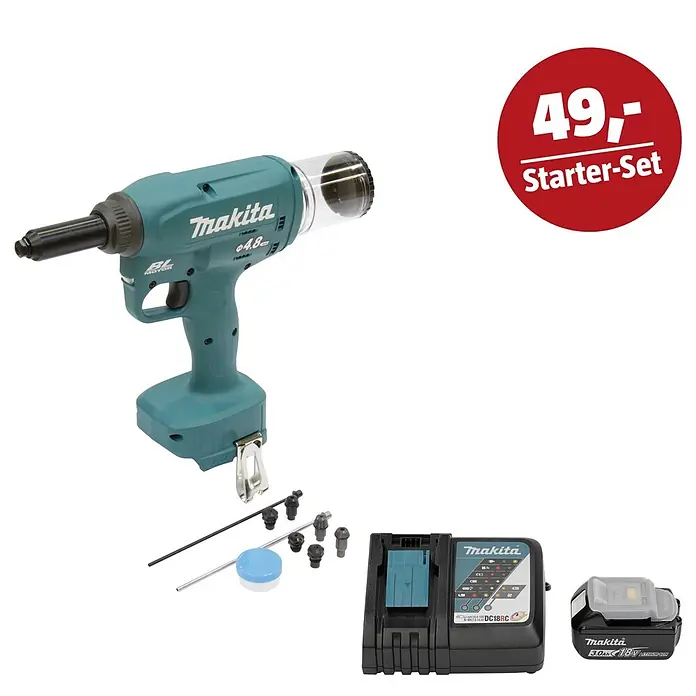Makita LXT 18V Maschinen-Set - Akku-Blindnietpistole DRV150Z, Ladegerät & 3 Ah Akku - Makita Akku-Nietzangen-Starter-Set in Türkis mit Ladegerät, Akku und Zubehör, Preis 49,-.