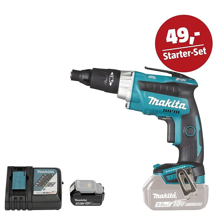 Makita LXT 18V Maschinen-Set - Akku-Trockenbauschrauber DFS251Z, Ladegerät & 3 Ah Akku - Makita Akku-Schrauber in Türkis/Schwarz mit 5.0Ah 18V Akku, Ladegerät und 3.0Ah 18V Akku. "49,- Starter-Set" Aktion.