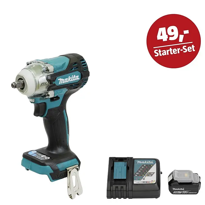 Makita LXT 18V Maschinen-Set - Akku-Schlagschrauber DTW302Z, Ladegerät & 3 Ah Akku - Makita Schlagschrauber in Türkis und Schwarz mit Akku und Ladegerät, als Starter-Set für 49,-.