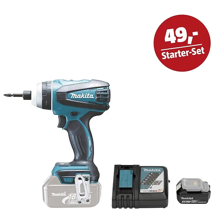 Makita LXT 18V Maschinen-Set - Akku-Schlagbohrschrauber DTP141Z, Ladegerät & 3 Ah Akku - Makita 18V Schlagschrauber türkis/schwarz mit Akku, Ladegerät und Zusatzakku. Roter Kreis: „49,- Starter-Set“.