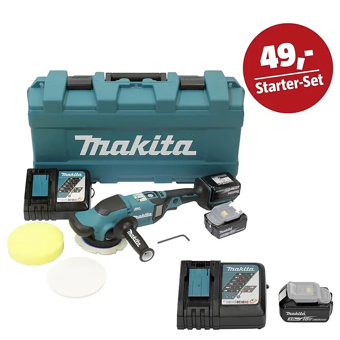 Makita LXT 18V Maschinen-Set - Akku-Exzenterpolierer DPO600TKX1, Ladegerät & 3 Ah Akku - Makita Polierer/Schleifer Starter-Set in Türkis mit Akkus, Ladegeräten, Pads, Koffer und Preisetikett.