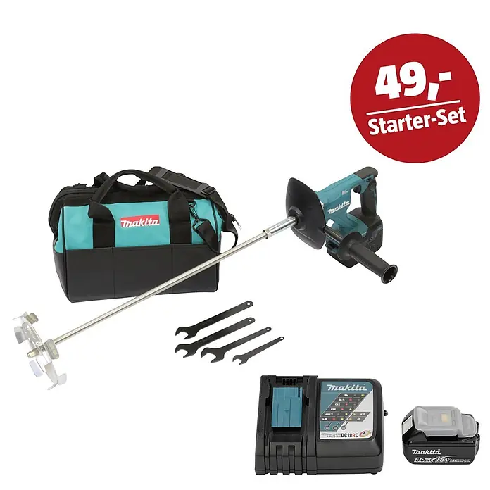 Makita LXT 18V Maschinen-Set - Akku-Rührwerk DUT130Z, Ladegerät & 3 Ah Akku - Makita Akku-Rührgerät "Starter-Set" mit Akku, Ladegerät, Rührquirl, Werkzeugtasche und Schraubenschlüsseln in Türkis und Schwarz.