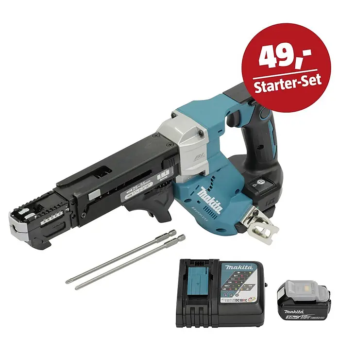 Makita LXT 18V Maschinen-Set - Akku-Trockenbauschrauber DFR551Z, Ladegerät & 3 Ah Akku - Makita Trockenbauschrauber in Türkis/Schwarz mit Magazinvorsatz, 2 Bits, Akku und Ladegerät.
