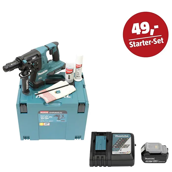 Makita LXT 18V Maschinen-Set - Akku-Kombihammer DHR283ZJU, Ladegerät & 3 Ah Akku - Ein türkis-schwarzer Makita Bohrhammer, passender Koffer, Ladegerät, Akku und Reinigungszubehör. Ein rotes Etikett zeigt '49,- Starter-Set'.