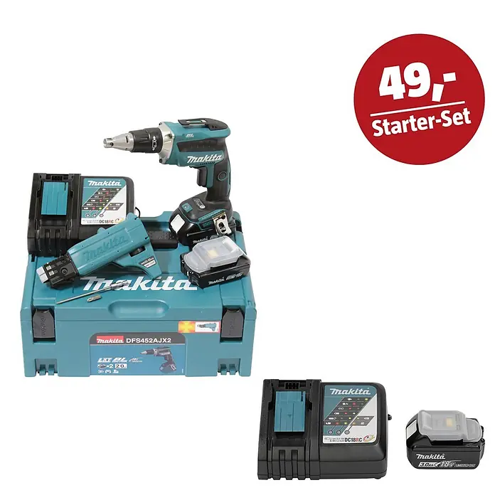 Makita LXT 18V Maschinen-Set - Akkuschrauber DFS452AJX2, Ladegerät & 3 Ah Akku - Makita Akku-Schrauber-Set mit zwei Akkus, Ladegerät und türkisfarbenem Systemkoffer, beworben als '49,- Starter-Set'.