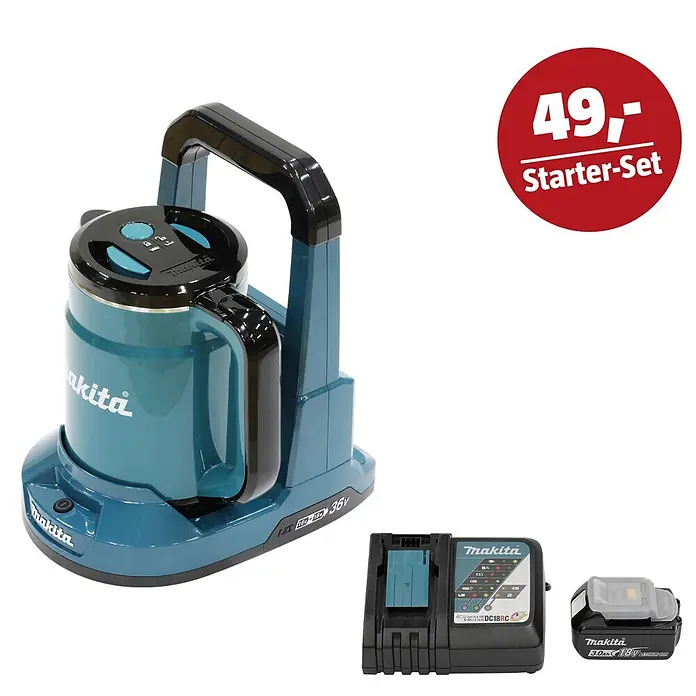 Makita LXT 18V Maschinen-Set - Wasserkocher Akku DKT360Z, Ladegerät & 3 Ah Akku - Ein teal-schwarzer Makita Akku-Kaffeekocher mit Ladegerät und Akku, präsentiert als 49,- Starter-Set.