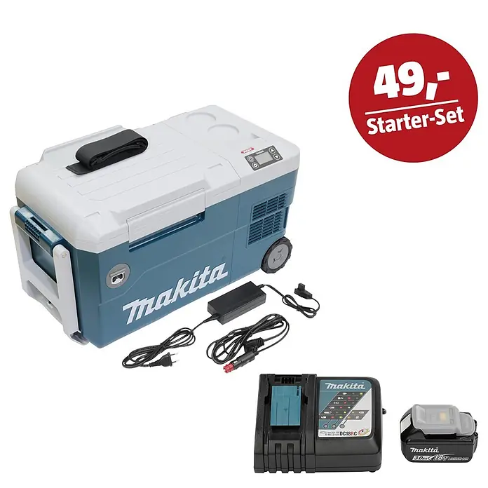 Makita LXT 18V Maschinen-Set - Akku-Kühlbox CW001GZ01, Ladegerät & 3 Ah Akku - Makita Kühl-/Gefrierbox, Ladegerät und Akku-Set mit "49,- Starter-Set" Preisschild.