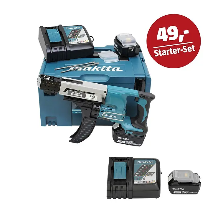 Makita LXT 18V Maschinen-Set - Akku-Trockenbauschrauber DFR550RTJ, Ladegerät & 3 Ah Akku - Makita Trockenbauschrauber-Set in Türkis/Schwarz mit Akku, Ladegerät und Koffer. Inklusive rotem „49,- Starter-Set“ Angebot.