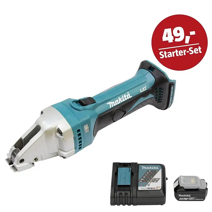 Makita LXT 18V Maschinen-Set - Akku-Blechschere DJS101Z, Ladegerät & 3 Ah Akku - Makita Akku-Nietknabber in Türkis und Schwarz mit Ladegerät und Akku. Ein Starter-Set ist mit einem roten Preisschild gekennzeichnet.
