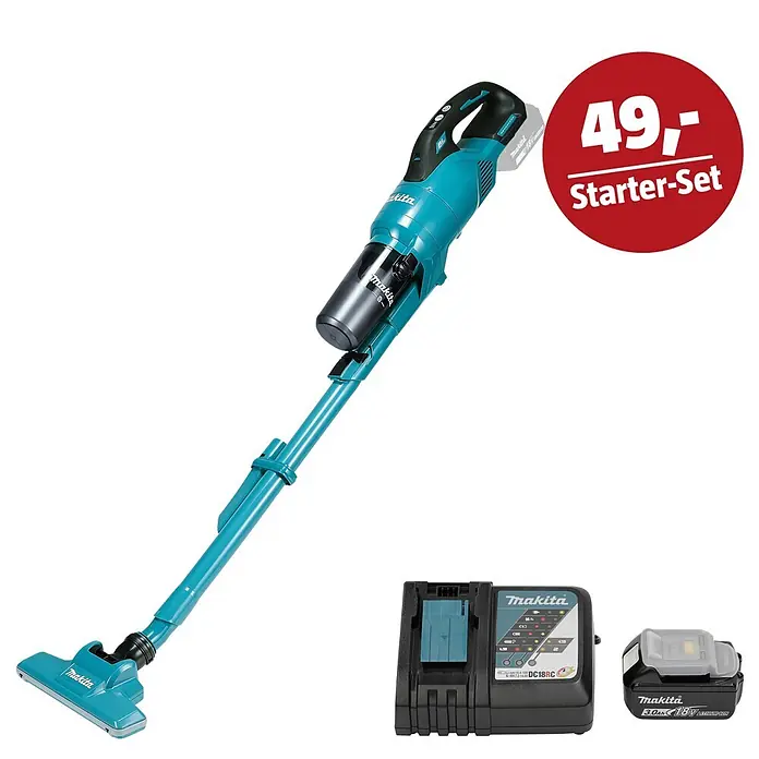 Makita LXT 18V Maschinen-Set - Akku-Staubsauger DCL286FZ, Ladegerät & 3 Ah Akku - Makita Akku-Stielstaubsauger in Türkis-Schwarz mit Akku und Ladegerät, inkl. Starter-Set für 49,- Euro.