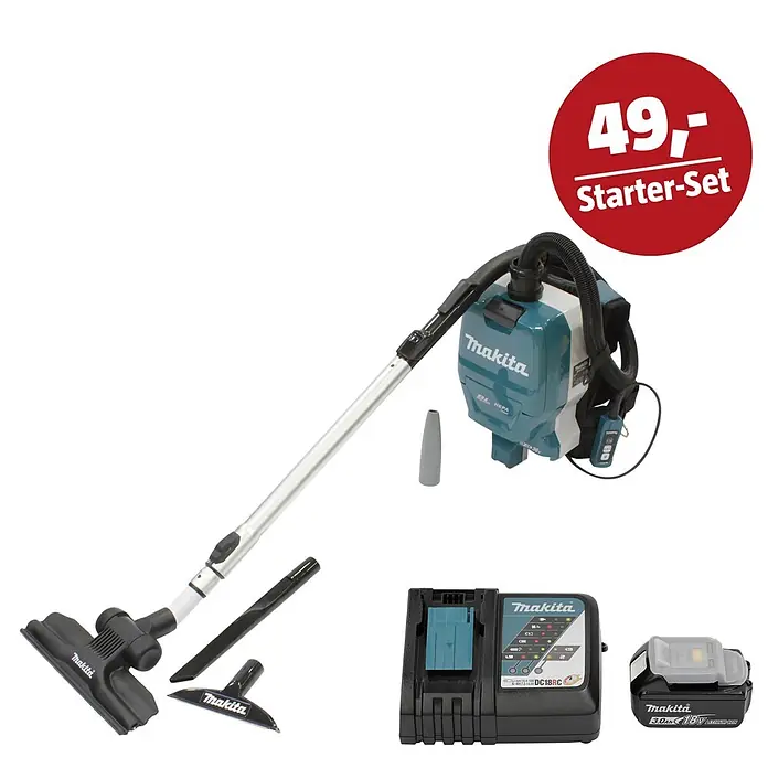 Makita LXT 18V Maschinen-Set - Akku-Rucksackstaubsauger DVC261ZX15, Ladegerät & 3 Ah Akku - Makita Rucksackstaubsauger-Set in Türkis-Schwarz mit Ladegerät, Akku und Zubehör.