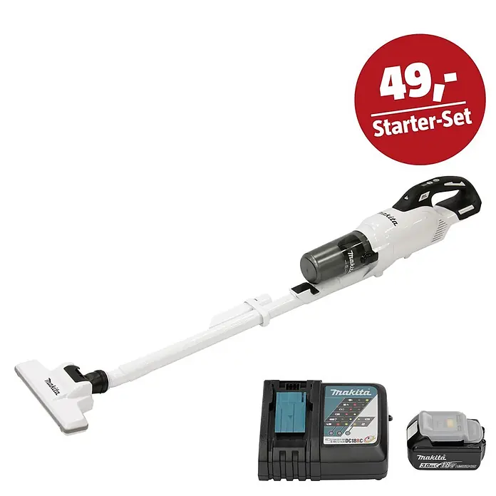 Makita LXT 18V Maschinen-Set - Akku-Staubsauger DCL286FZW, Ladegerät & 3 Ah Akku - Weißer Makita Akku-Stielstaubsauger mit Akku und Ladegerät. Starter-Set.