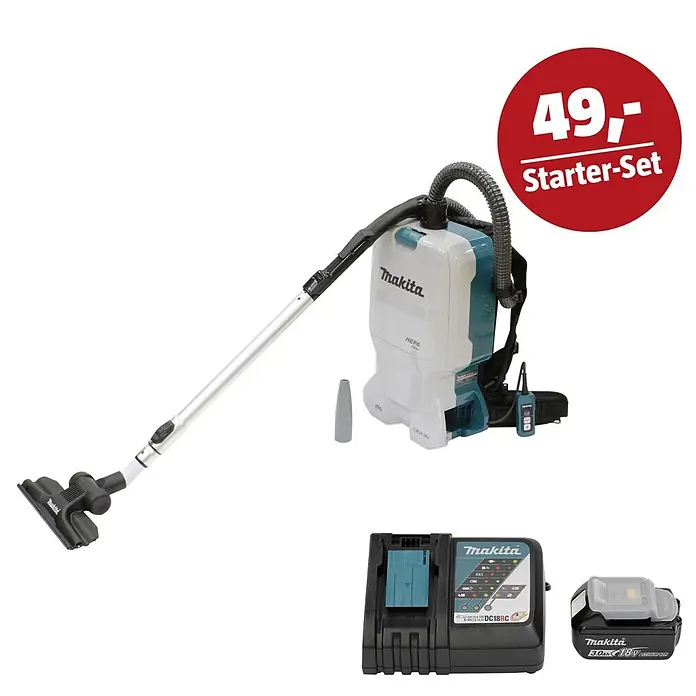 Makita LXT 18V Maschinen-Set - Akku-Rucksackstaubsauger DVC660Z, Ladegerät & 3 Ah Akku - Makita Akku-Rucksackstaubsauger-Set mit Ladegerät und Akku.