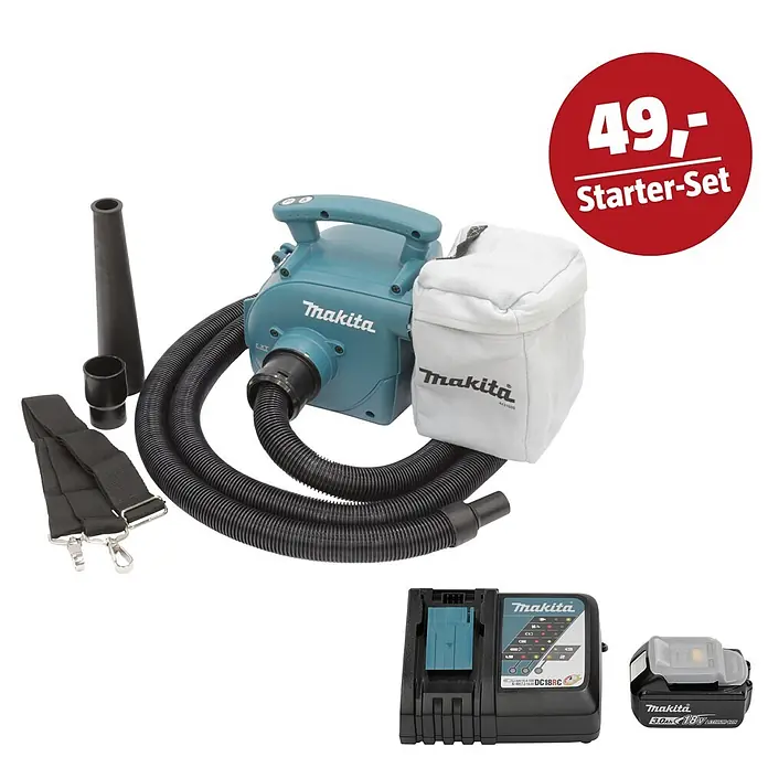Makita LXT 18V Maschinen-Set - Akku-Staubsauger DVC350Z, Ladegerät & 3 Ah Akku - Makita Akku-Gebläse/Staubsauger-Set in Türkis/Schwarz mit Schlauch, Düsen, Staubbeutel, Tragegurt, Akku und Ladegerät. Starter-Set angeboten.